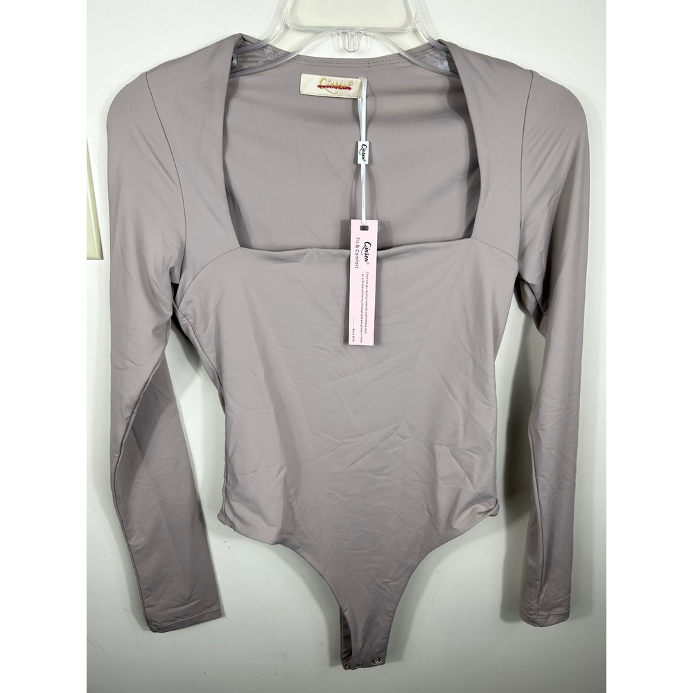 Qinsen Romantic Square‎ Neck Bodysuit Taupe Knit Stretch Womens M Feminine Sleek
